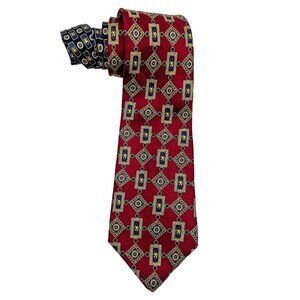 Tommy Hilfiger 100% Silk Tie Made In Italy Red With Gold Lion Crest Design
